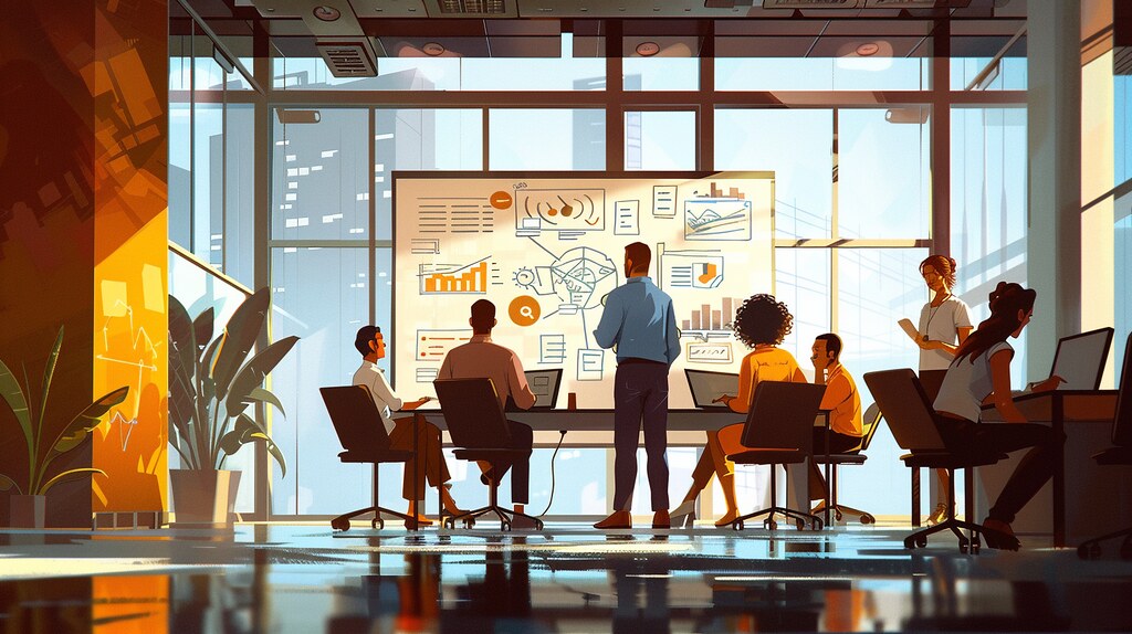 Une équipe pluridisciplinaire travaille ensemble autour de tableaux de bord dans un bureau lumineux