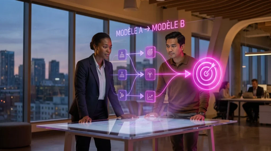 Deux dirigeants comparent deux modèles de tarification SaaS autour d'une table interactive
