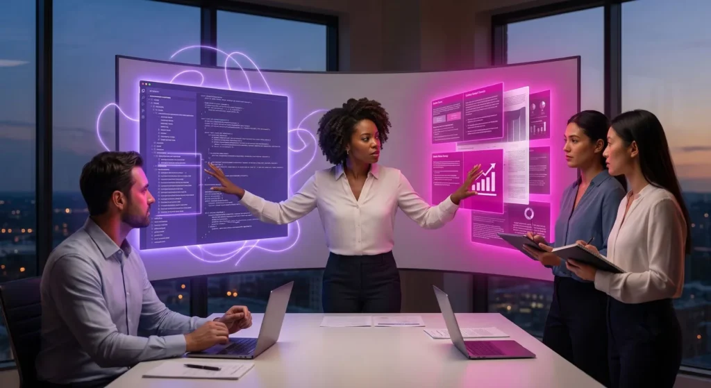 Une responsable product marketing présente le positionnement produit à l'équipe commerciale